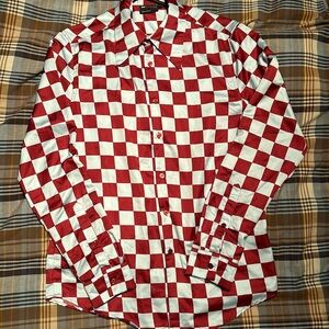 ASOS Design Men’s Medium checked design shirt, light blue w/ burgundy checks.